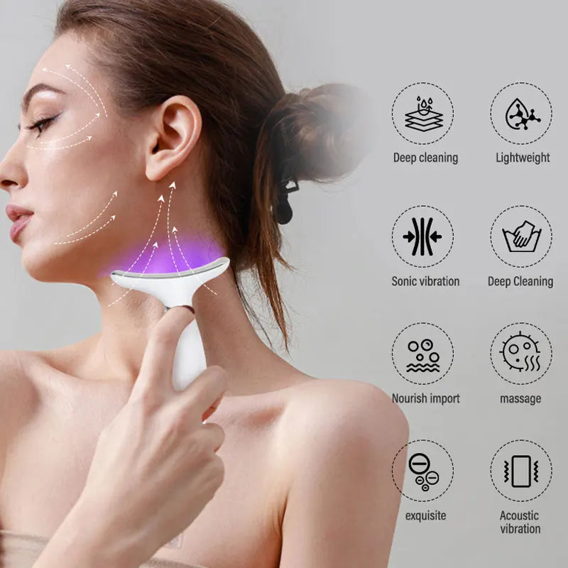 7-Colour LED EMS Neck and Face Massager White showing key benefits — deep cleaning, sonic vibration, nourish import, lightweight, massage and acoustic vibration