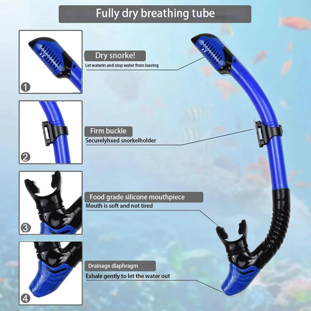 Fully dry snorkel tube with dry snorkel valve, firm buckle, food grade silicone mouthpiece and water drainage design