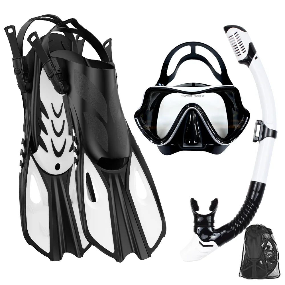 Black and White snorkel set with panoramic mask, dry snorkel tube, adjustable fins and mesh bag
