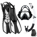 Black and White snorkel set with panoramic mask, dry snorkel tube, adjustable fins and mesh bag