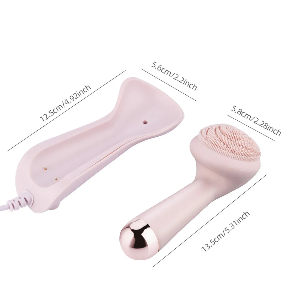Silicone facial cleansing brush dimensions: charging dock 12.5×5.6cm, brush head 5.8cm, total length 13.5cm