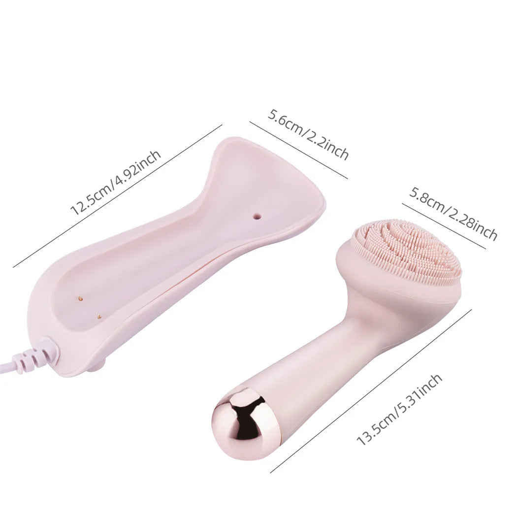 Silicone facial cleansing brush dimensions: charging dock 12.5×5.6cm, brush head 5.8cm, total length 13.5cm