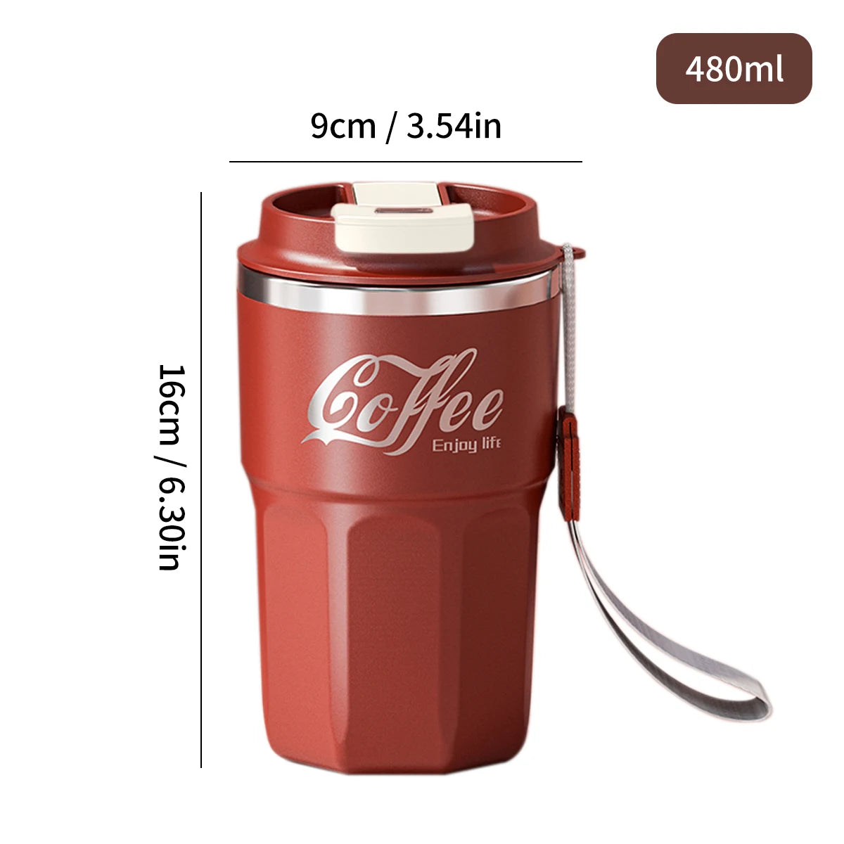 480ml tall insulated travel mug with strap loop – dimensions 9cm x 16cm, double wall stainless steel