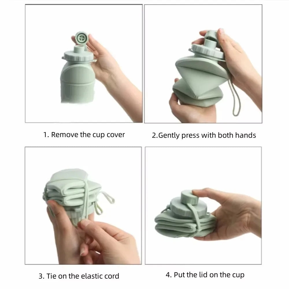 Foldable Silicone Water Bottle folded flat in hands – volume reduced by 70%, only 6.5cm height when folded