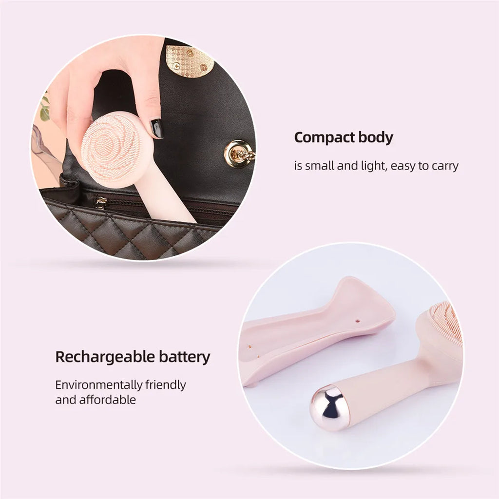 Silicone facial cleansing brush compact body shown in handbag, with rechargeable battery — environmentally friendly and travel-ready