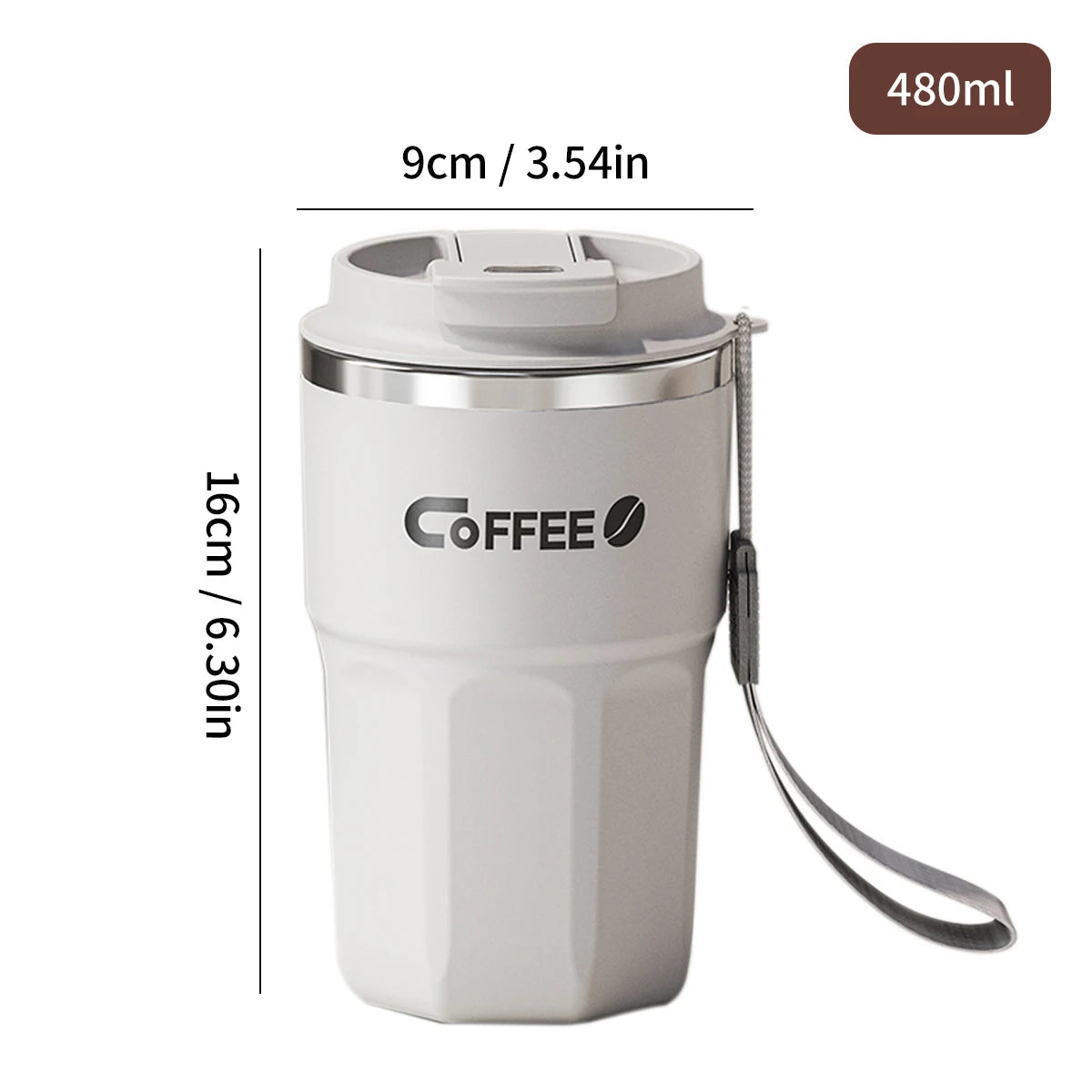 480ml tall insulated travel mug in white with strap loop – dimensions 9cm x 16cm, double wall stainless steel