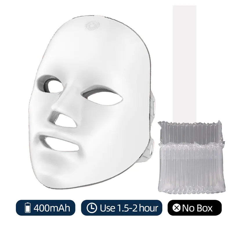 7-Colours LED Light Therapy Face Mask Standard Edition — 400mAh battery, 1.5-2 hours usage, includes USB charging cable, no box packaging