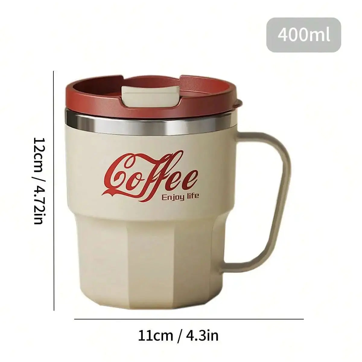 400ml insulated coffee mug in cream with handle – dimensions 11cm x 12cm, textured body style