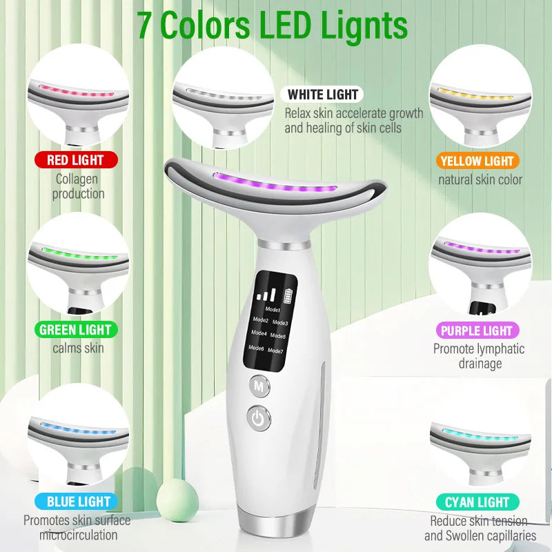 7-Colours LED EMS Neck and Face Massager showing 7 LED colours and benefits — Red collagen, Yellow skin tone, Green calming, Blue microcirculation, Purple lymphatic drainage, Cyan skin tension, White healing
