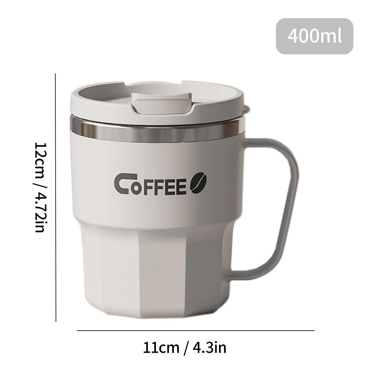 400ml insulated coffee mug in white with textured body – dimensions 11cm x 12cm, one-click flip lid