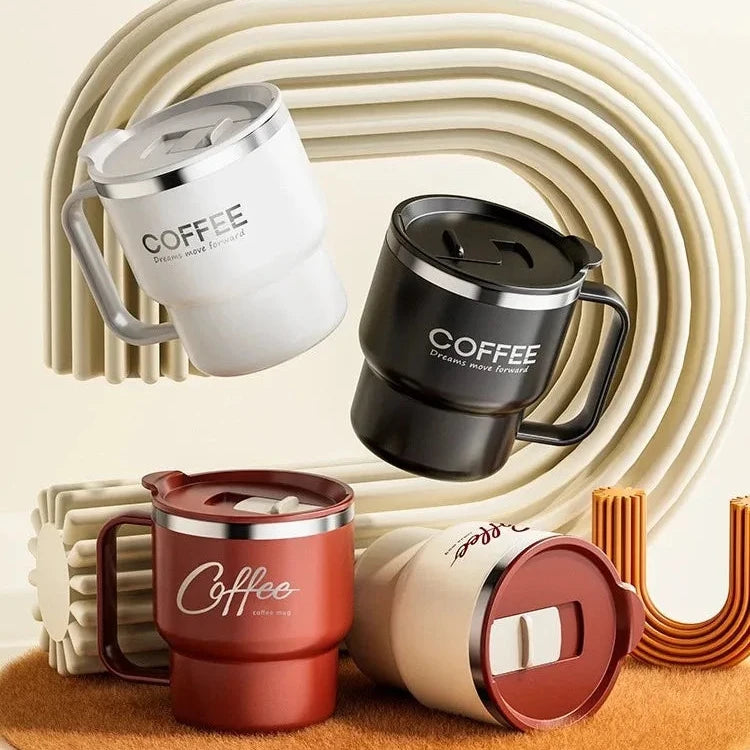 Insulated coffee mugs with handle and one-click flip lid – 304 stainless steel, double wall vacuum insulation, 4 colors