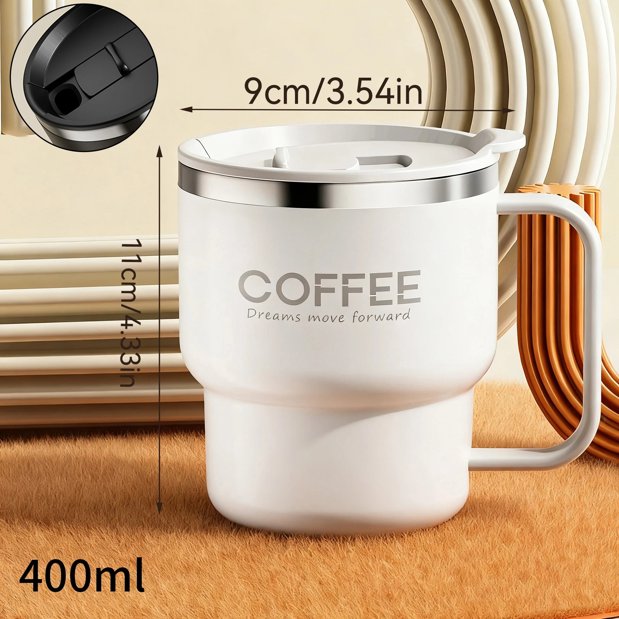 400ml insulated coffee mug in white with ergonomic handle – dimensions 9cm x 11cm, double wall stainless steel