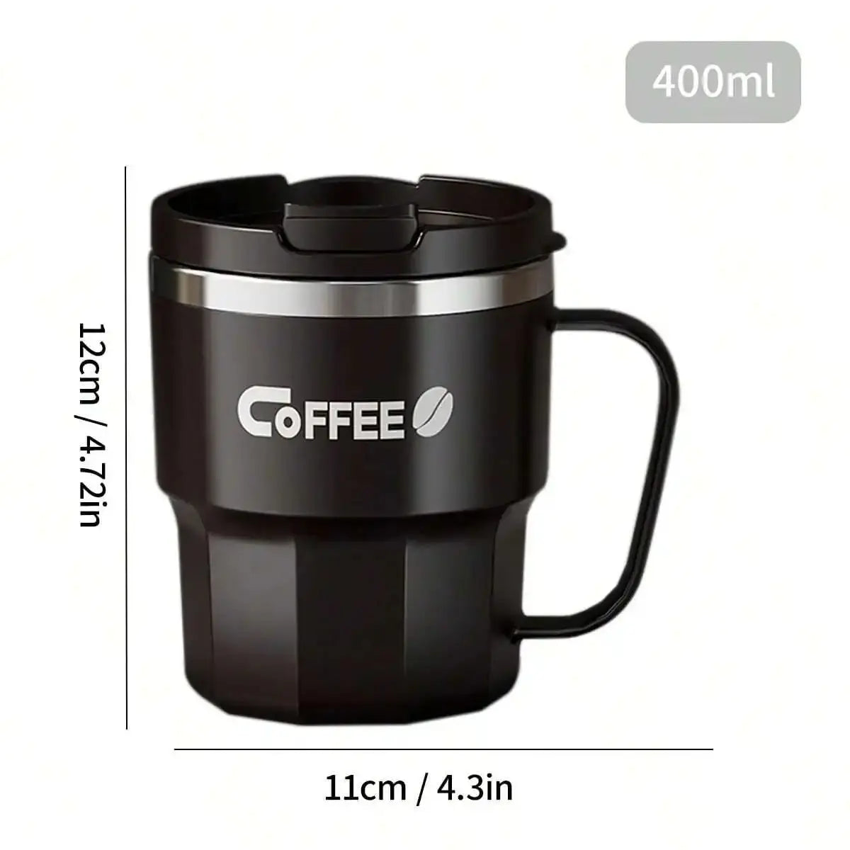 400ml insulated coffee mug in black with textured body – dimensions 11cm x 12cm, one-click flip lid