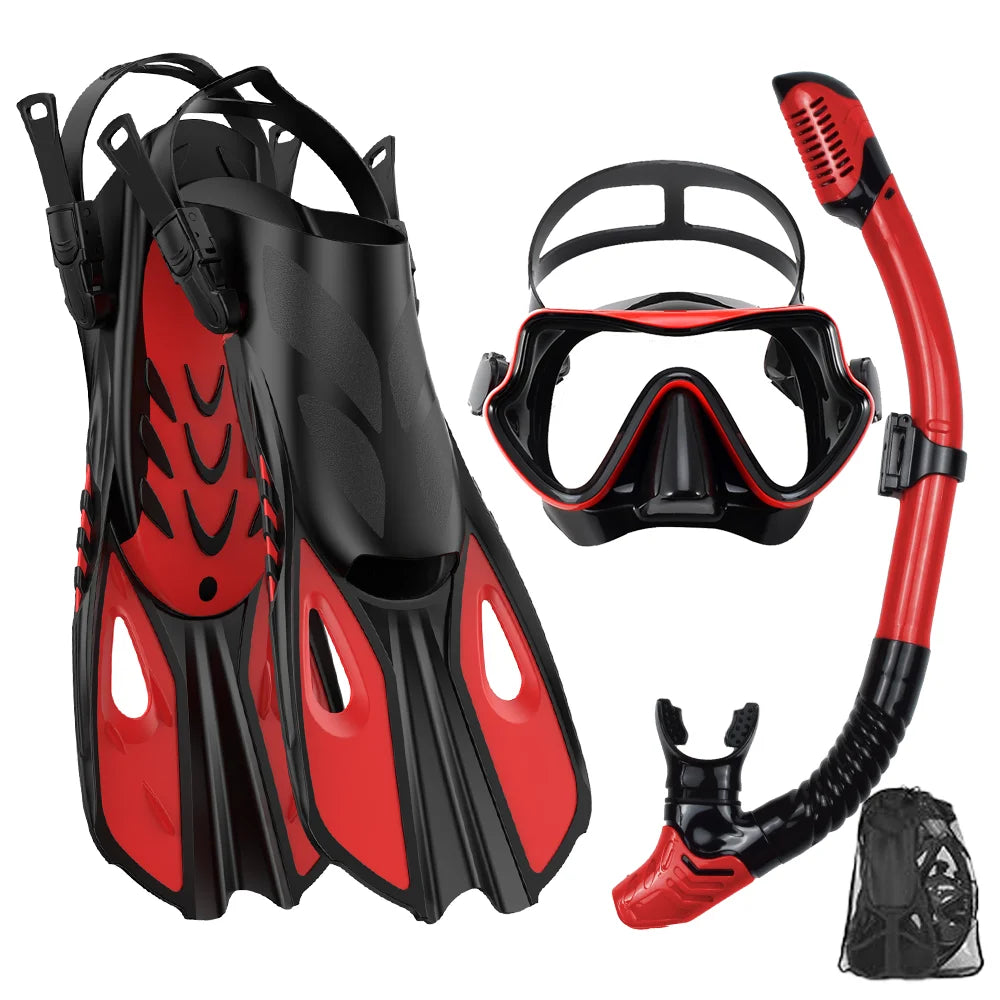 Black and Red snorkel set with panoramic mask, dry snorkel tube, adjustable fins and mesh bag